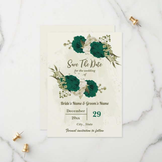 emerald green beige flowers botanical wedding save the date (Front/Back In Situ)