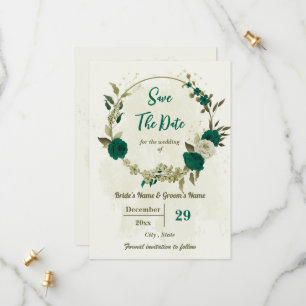 emerald green beige flowers botanical wedding save the date