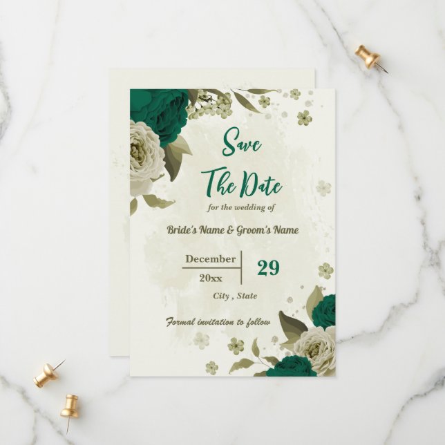 emerald green beige flowers botanical wedding save the date (Front/Back In Situ)