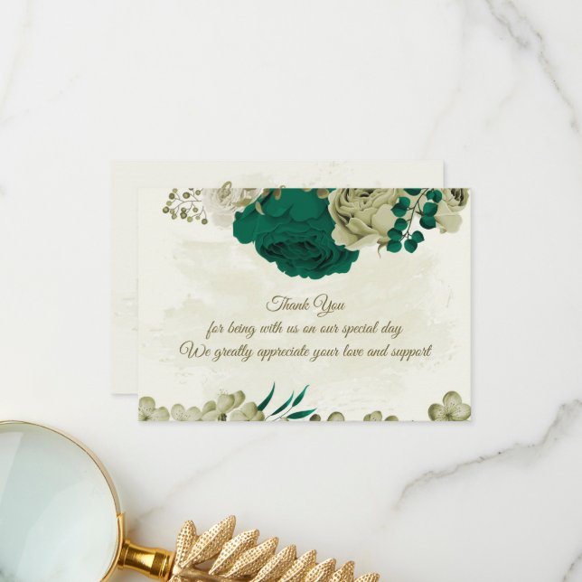 emerald green beige flowers botanical wedding thank you card (Front/Back In Situ)
