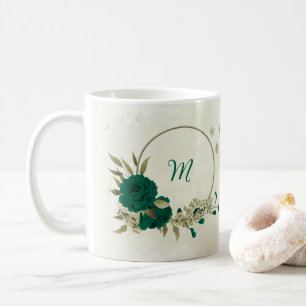 emerald green beige flowers coffee mug
