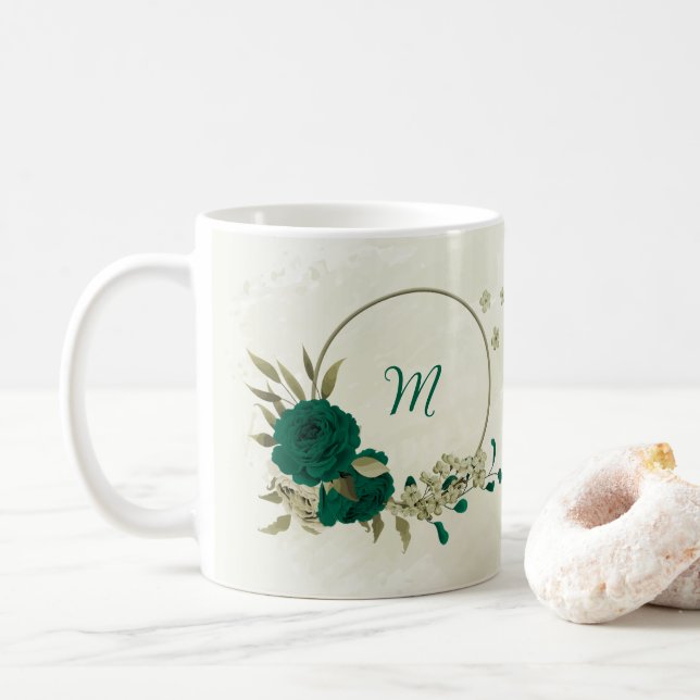 emerald green beige flowers  coffee mug (With Donut)