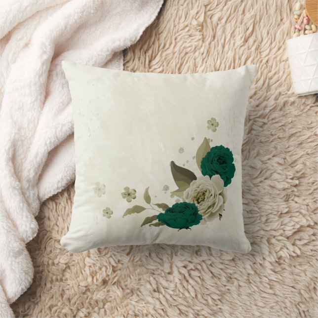 emerald green beige flowers  cushion (Blanket)