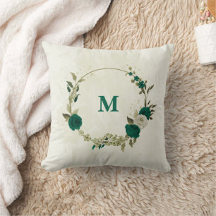 emerald green beige flowers cushion