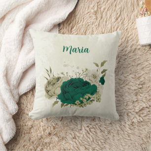 emerald green beige flowers cushion