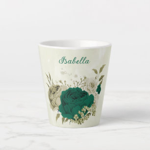 emerald green beige flowers  latte mug