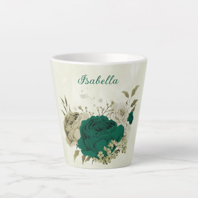 emerald green beige flowers  latte mug (Front)