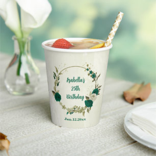 emerald green beige flowers paper cups