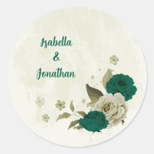 emerald green beige flowers wedding classic round sticker
