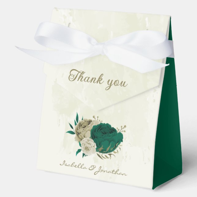 emerald green beige flowers wedding  favour box (Front)