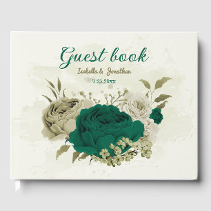 emerald green beige flowers wedding  guest book