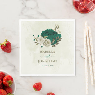 emerald green beige flowers wedding napkin