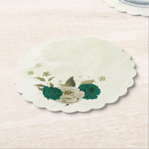 emerald green beige flowers wedding paper coaster