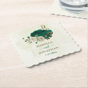 emerald green beige flowers wedding paper coaster