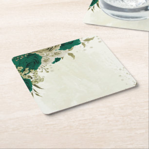 emerald green beige flowers wedding square paper coaster