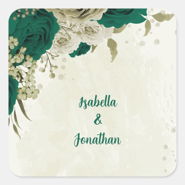 emerald green beige flowers wedding square sticker (Front)