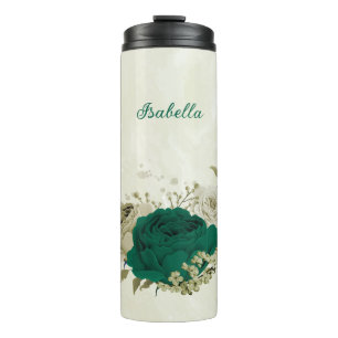 emerald green beige flowers wedding thermal tumbler