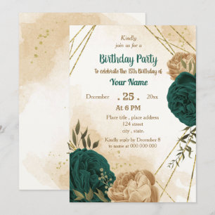 Emerald green beige gold botanical birthday  invitation