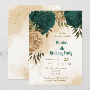 Emerald green beige gold botanical birthday  invitation