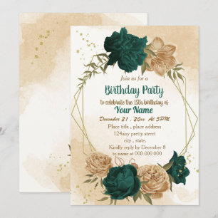 Emerald green beige gold botanical birthday invitation