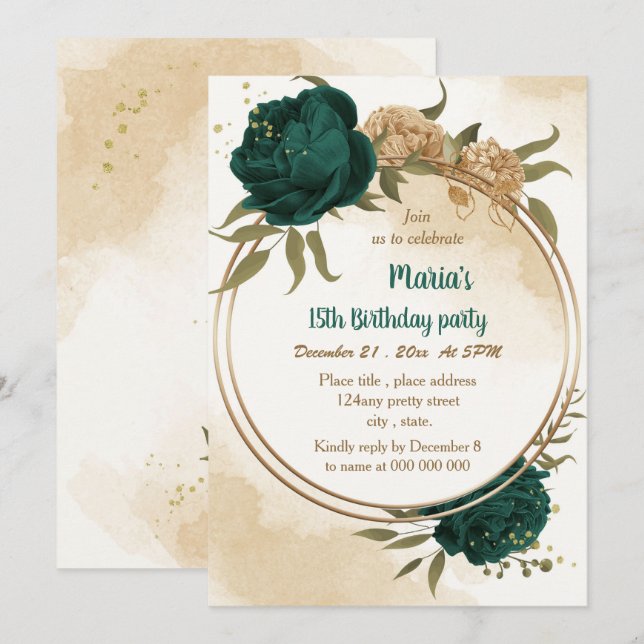 Emerald green beige gold botanical birthday invitation (Front/Back)