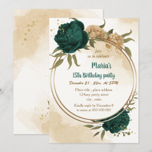 Emerald green beige gold botanical birthday invitation