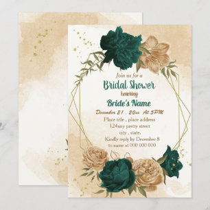 Emerald green beige gold botanical bridal shower invitation