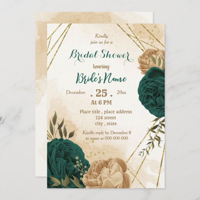 Emerald green beige gold botanical bridal shower invitation (Front/Back)