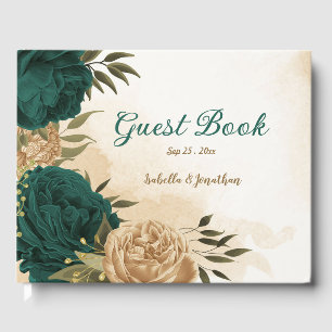 Emerald green beige gold botanical guest book