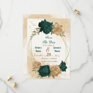 Emerald green beige gold botanical save the date