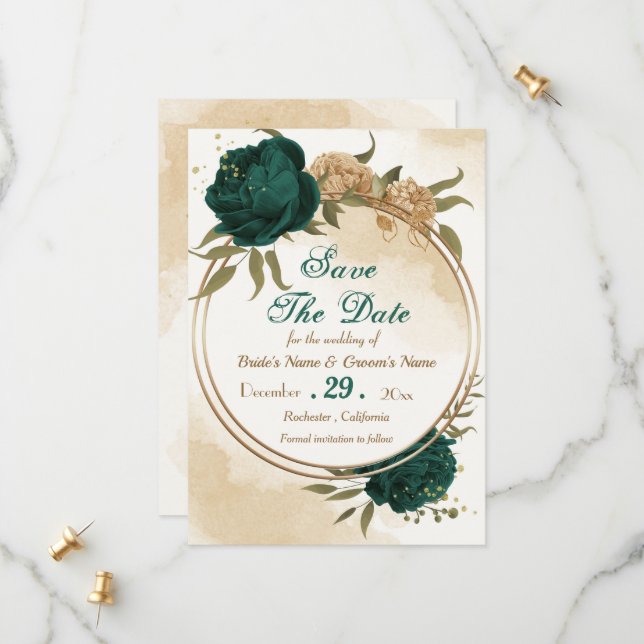 Emerald green beige gold botanical save the date (Front/Back In Situ)