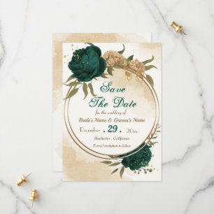 Emerald green beige gold botanical save the date