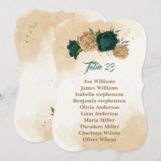 Emerald green beige gold botanical seating chart invitation (Front/Back)