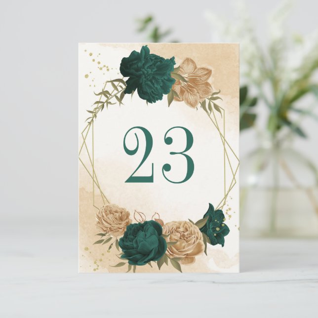 Emerald green beige gold botanical table number (Standing Front)