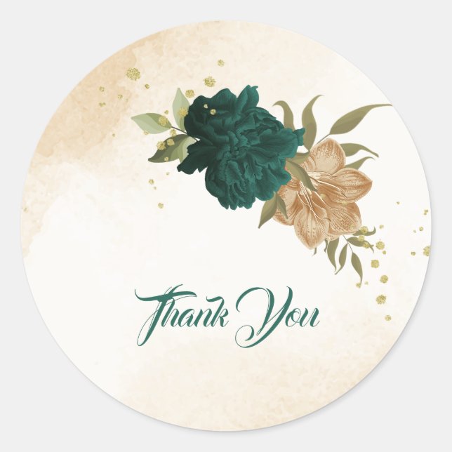 Emerald green beige gold botanical wedding classic round sticker (Front)