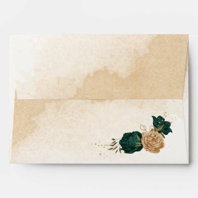 Emerald green beige gold botanical wedding envelope (Back (Top Flap))