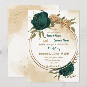 Emerald green beige gold botanical wedding invitation