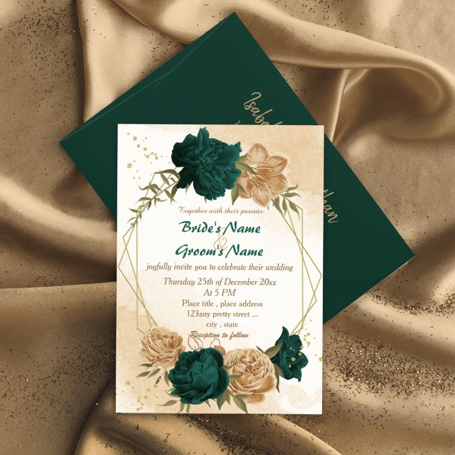 Emerald green beige gold botanical wedding invitation (Creator Uploaded)