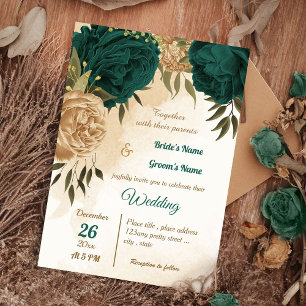 Emerald green beige gold botanical wedding invitation