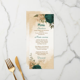 Emerald green beige gold botanical wedding menu