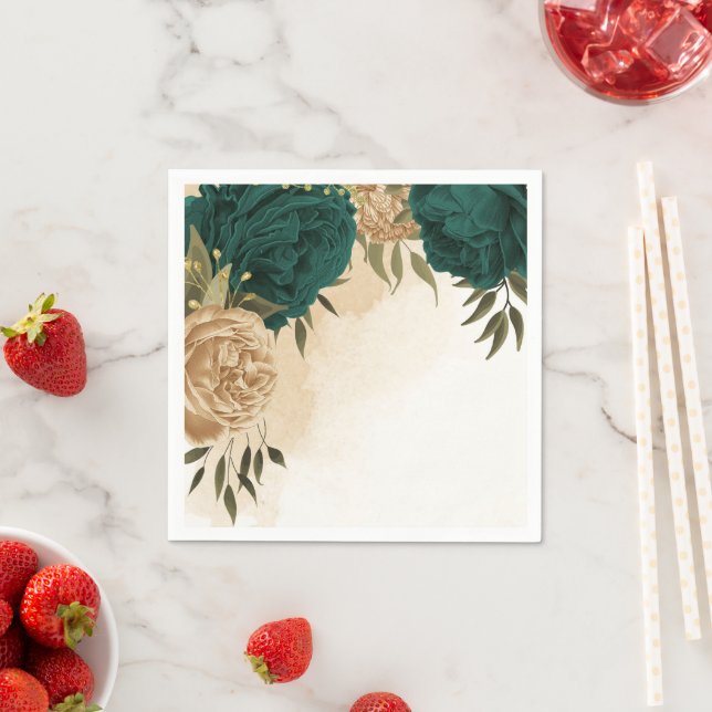 Emerald green beige gold botanical wedding napkin (Insitu)