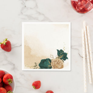 Emerald green beige gold botanical wedding napkin