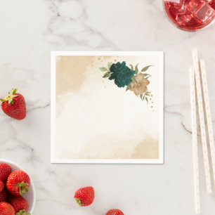 Emerald green beige gold botanical wedding napkin