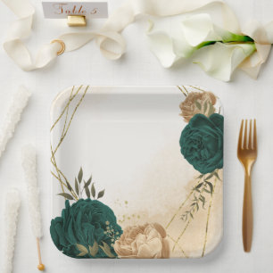 Emerald green beige gold botanical wedding paper plate