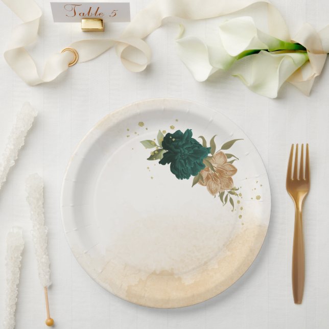 Emerald green beige gold botanical wedding paper plate (Wedding)