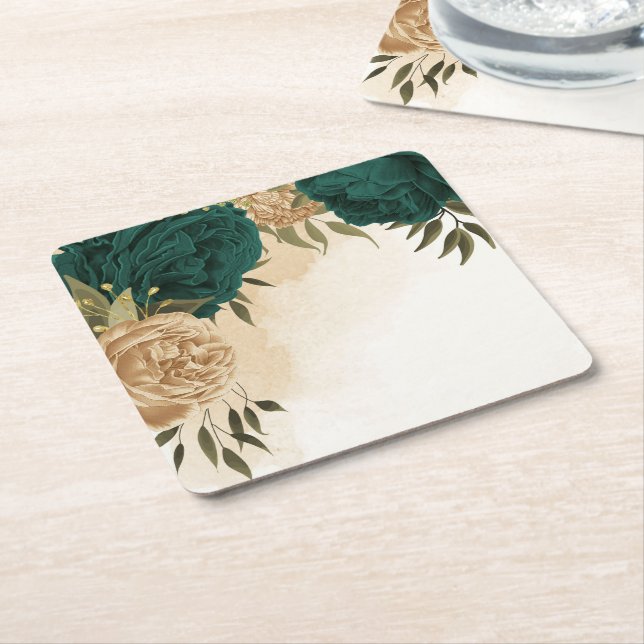 Emerald green beige gold botanical wedding square paper coaster (Angled)