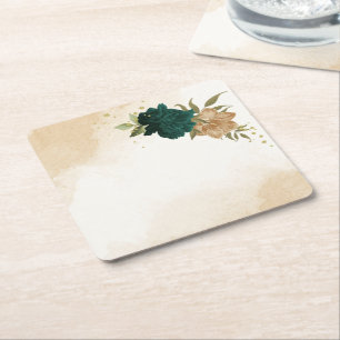 Emerald green beige gold botanical wedding square paper coaster