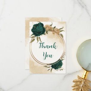 Emerald green beige gold botanical wedding thank you card