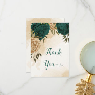 Emerald green beige gold botanical wedding thank you card