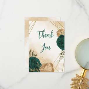 Emerald green beige gold botanical wedding thank you card